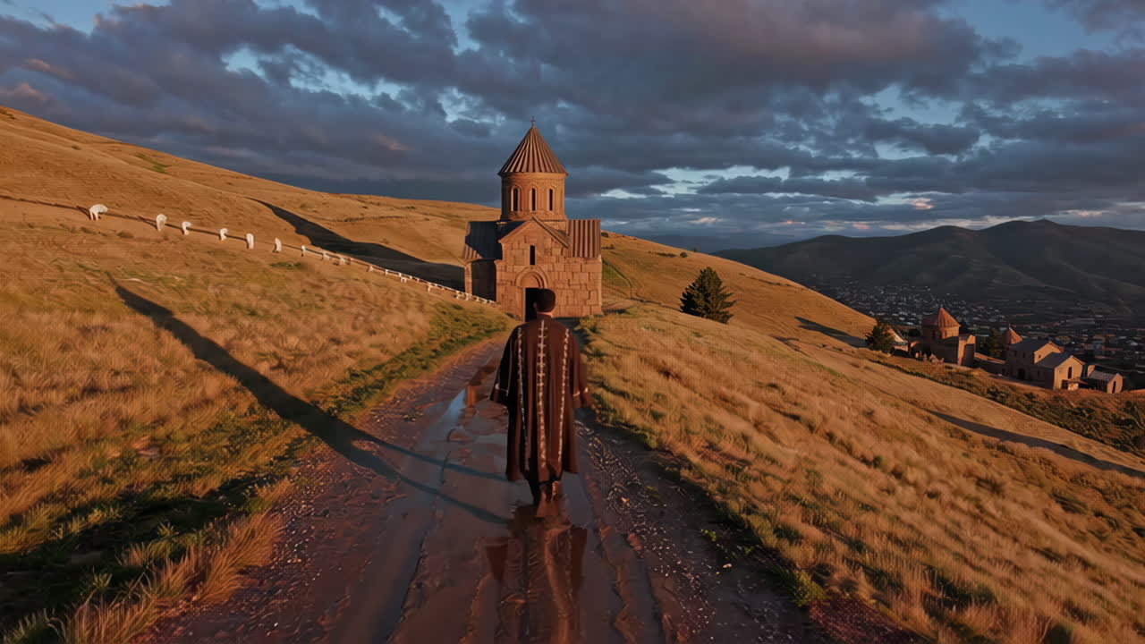 Monk Walking Towards a Church on a Mountain Path at Sunrise/Sunset