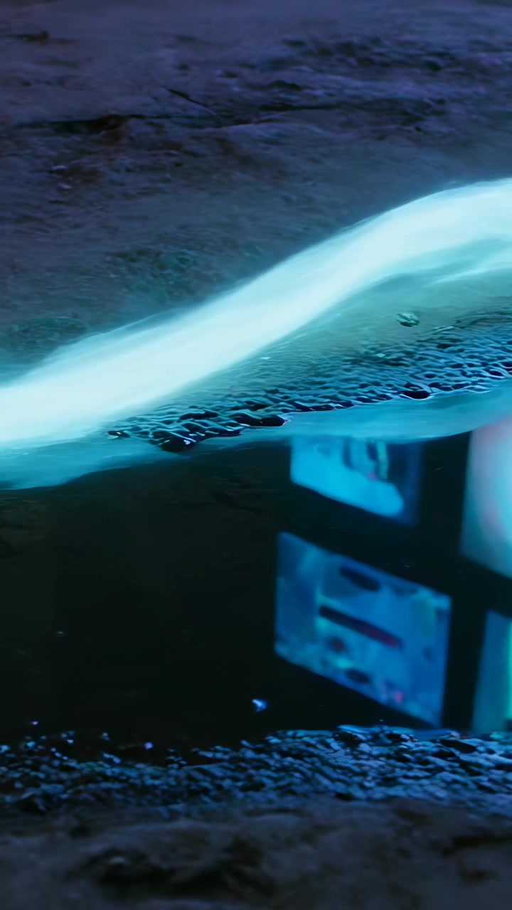 Video verticale: Pozzanghera poco profonda che riflette un'insegna luminosa, creando una barra blu sulla strada bagnata.