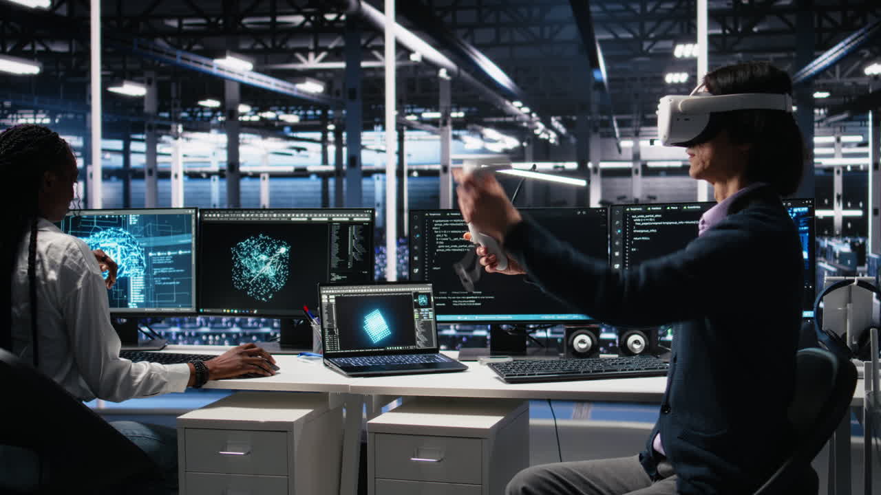 Programmer Using Vr Goggles In Data Center, Coding With Generative Ai