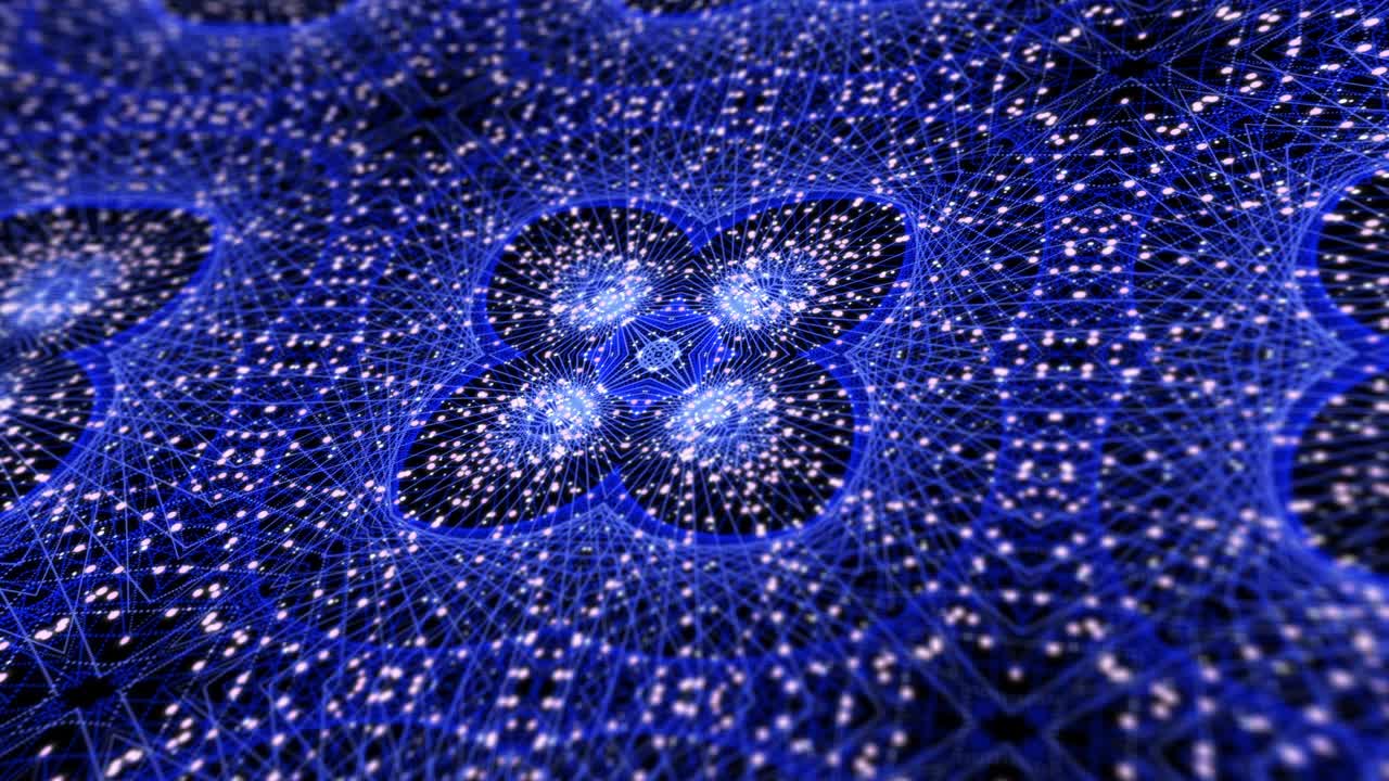 Abstract seamless looped animation of digital mandala fractal. 4k multicolor floral particles grid motion graphics concept. Kaleidoscopic background for yoga, meditation, fitness, clubs etc.