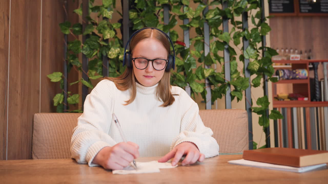 Young lady wearing headphones sits at wooden table writing on napkin with pen while listening to music, background features decorative plants and blurry bar area with shelves and coffee items