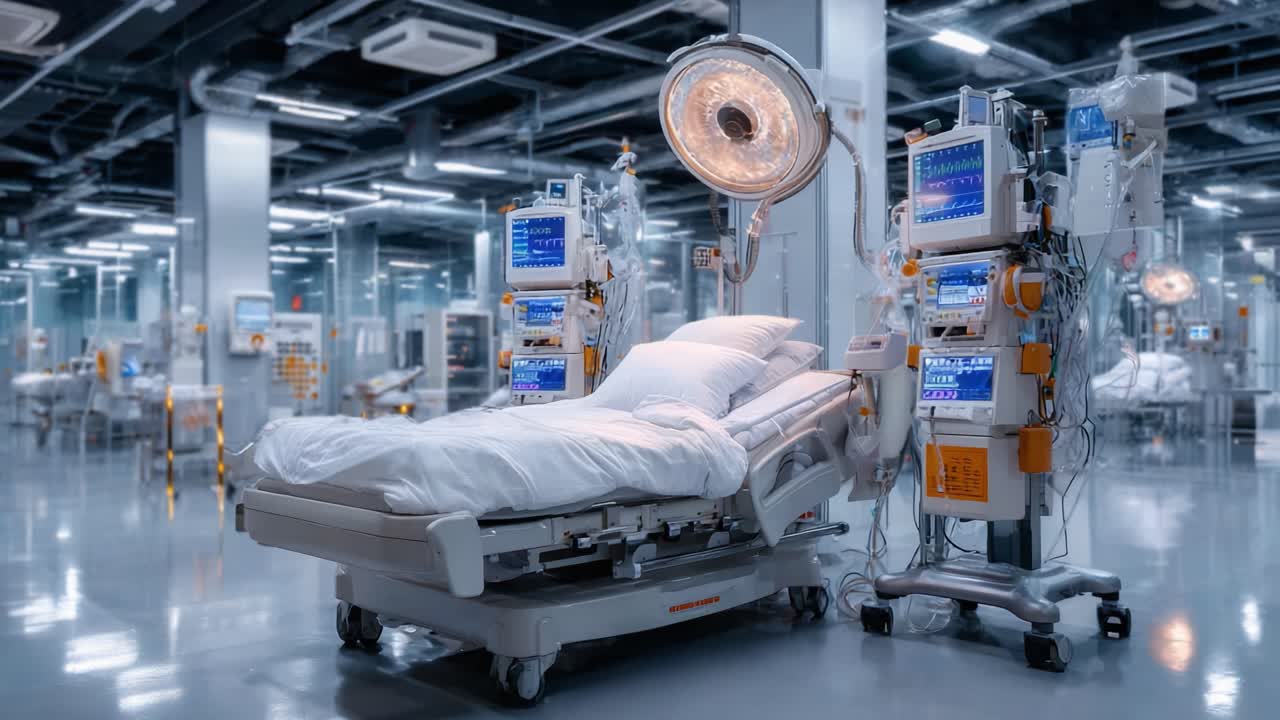 Modernes Krankenzimmer mit fortschrittlicher medizinischer Ausstattung und einem sauberen Patientenbett, das in einer hell beleuchteten Umgebung zur Nutzung bereitsteht