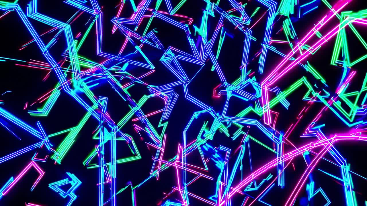 Colorful neon lights intertwine, forming a dynamic abstract composition against a dark backdrop, creating a vibrant and energetic visual experience