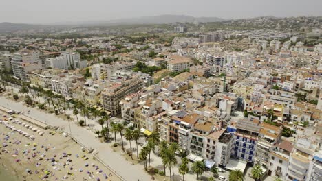 aerial view of a vibrant coastal town with beach and palm-lined promenade