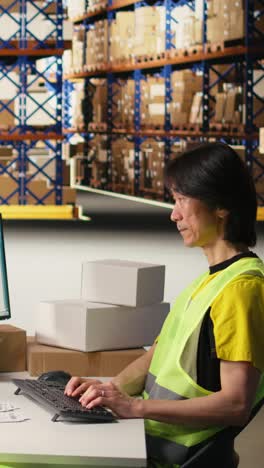 vertical video asian depot worker processing orders and awb tracking numbers