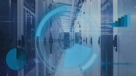 Animation-of-interface-with-round-scanner,-statistical-data-processing-against-computer-server-room