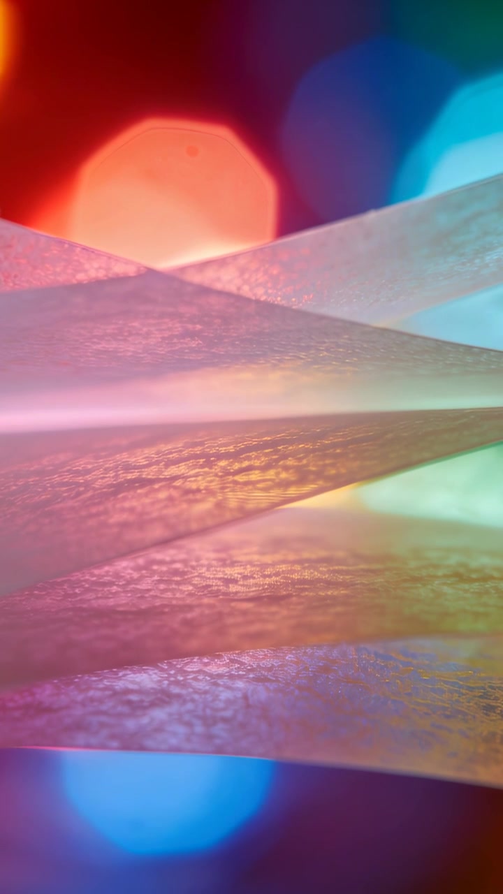 Vertical video: Pulsing backlights causing translucent sheets drifting across studio, showing bokeh