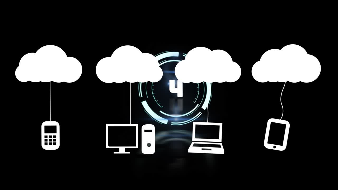 백색 구름의 애니메이션은 검은색에 카운트다운과 함께 원형 스캐너 위에 매달린 미디어 아이콘을 가지고 있습니다.