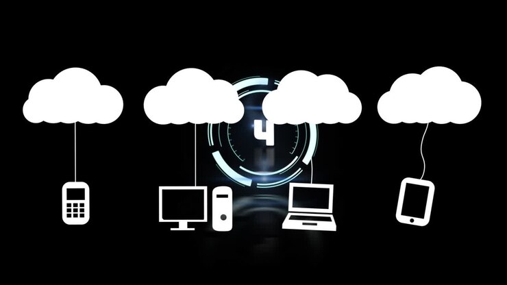 Animation of white clouds with hanging media icons over circular scanner with countdown, on black