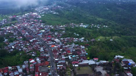 Panoramic-View-Over-Kintamani-Town-Near-Mount-Batur-In-Bali,-Indonesia---drone-shot