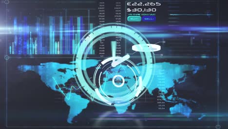 Animación-Del-Reloj-Sobre-El-Mapa-Mundial-Y-Procesamiento-De-Datos-En-Pantalla