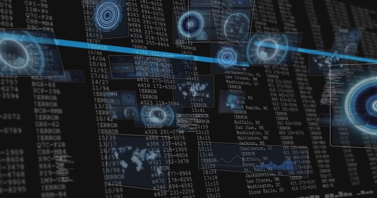 Camera panning revealing holo panels, maps, radar glyphs, blue scan bars for data monitoring