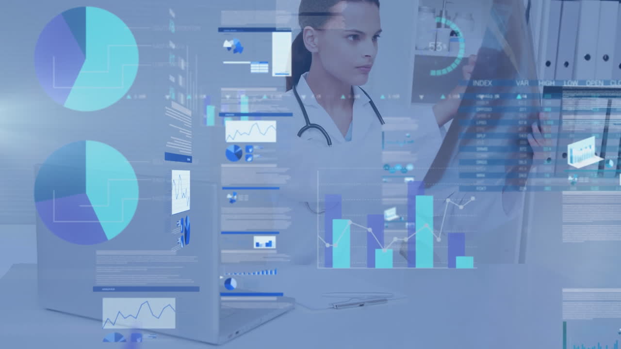 Animation of data processing over caucasian female doctor