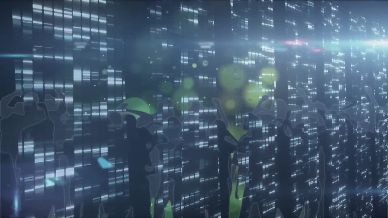 Animation of people silhouettes dancing with glowing spots of light