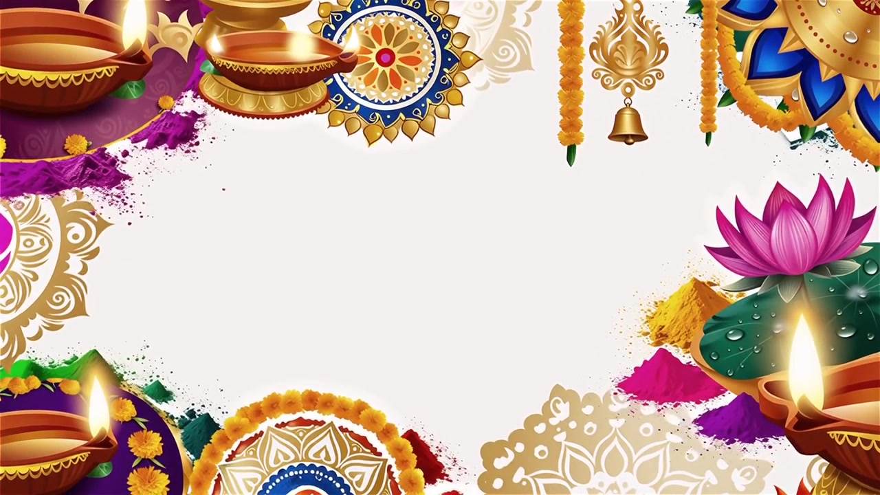 Sfondo Diwali con Diyas luminosi, Rangoli e fiori di loto