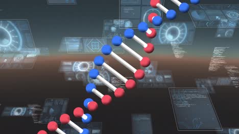 animation of spinning dna data processing on moving screens