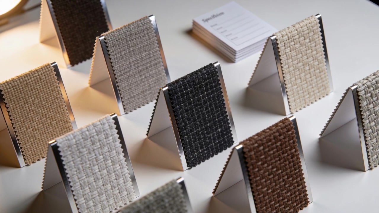 Panning camera showing woven swatches on studio table, showing texture, metal stands, card stack