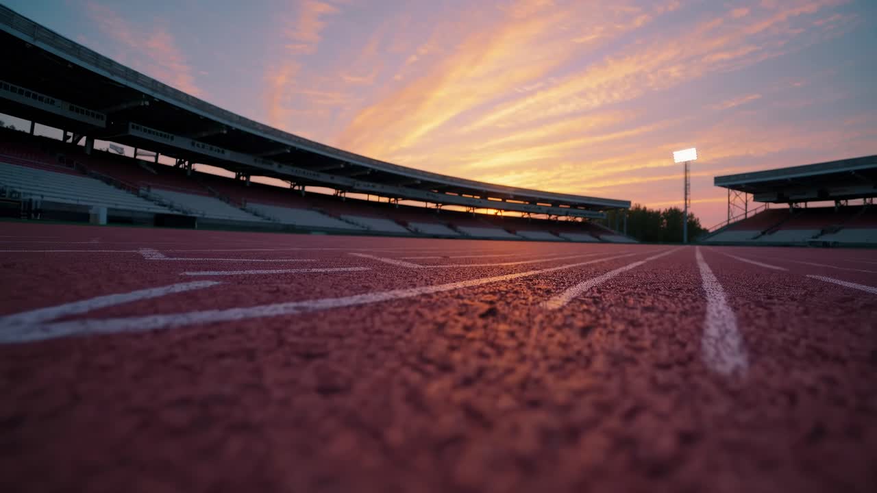 Un video ripreso dal basso di una pista di stadio vuota al tramonto, che cattura l'atmosfera serena