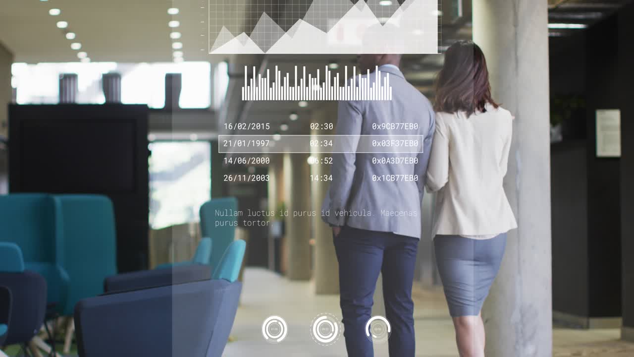 Animazione di grafici, barre di caricamento sopra diversi colleghi che discutono mentre camminano in ufficio