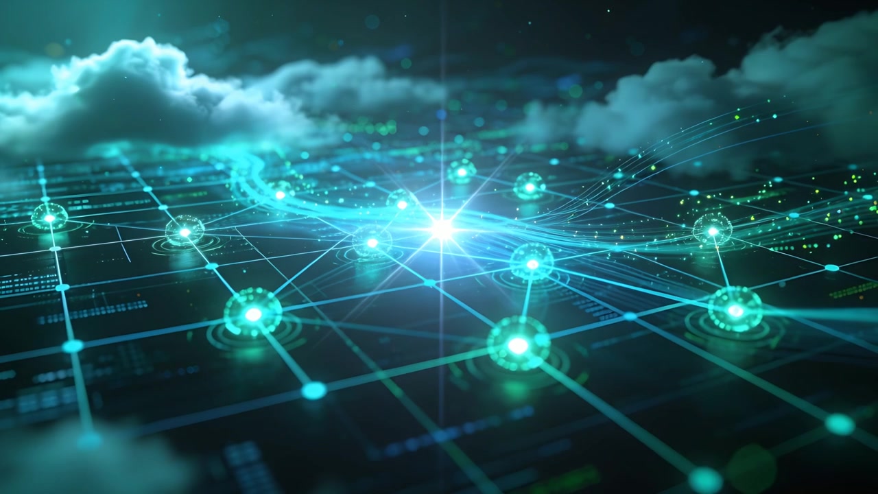 Flowing after data pulse, data ribbon moving across grid in cloud network, nodes pulsing, flaring