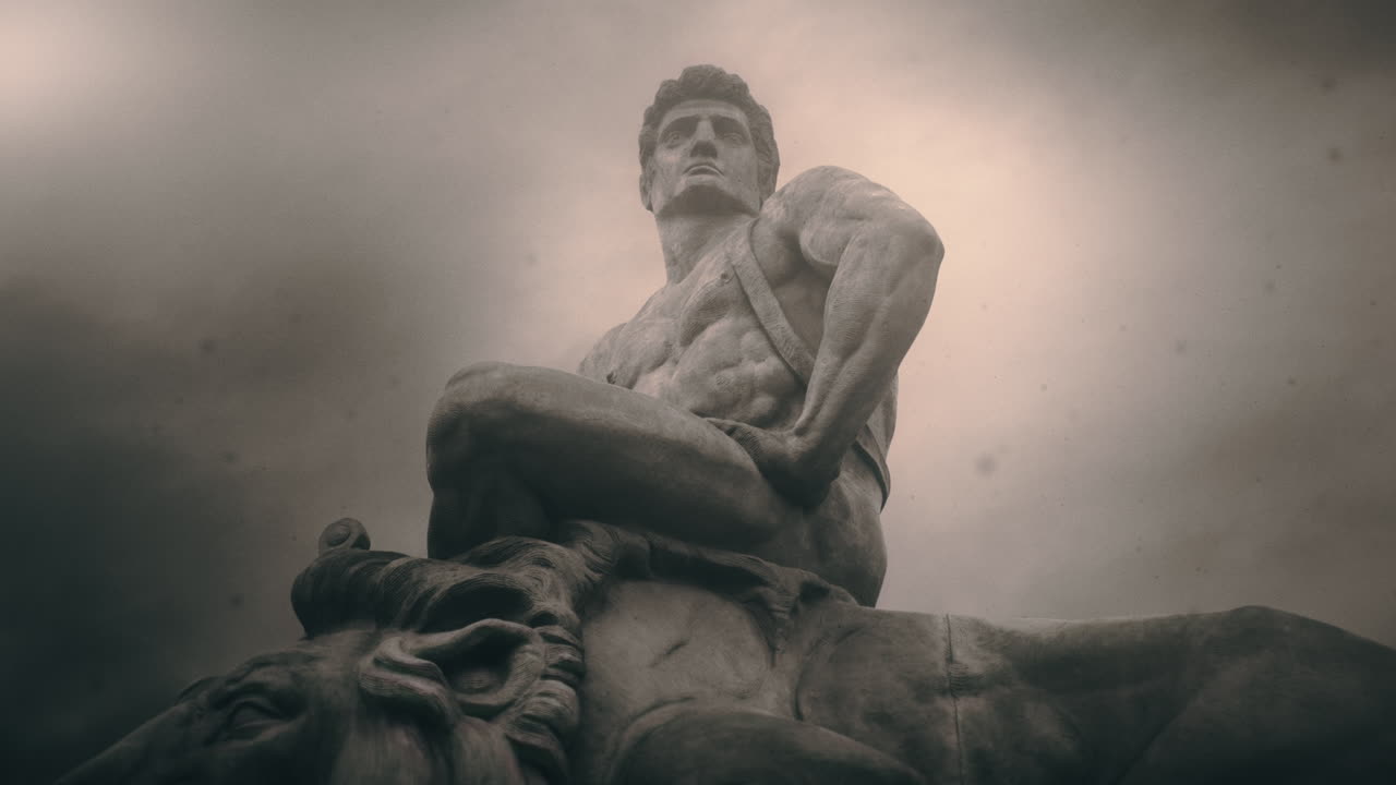 Epic, ancient stone statue on cloudy day and windy weather.