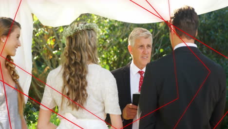 bride, groom, and officiant at wedding ceremony with red network connections animation