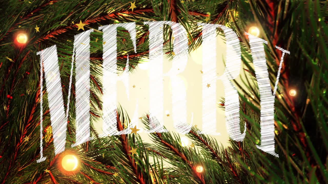 Merry Christmas text animation over Christmas tree branches and lights
