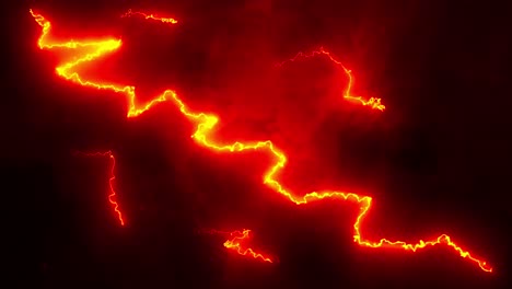 relámpagos rojos y naranjas brillantes de corriente eléctrica y humo moviéndose salvajemente a través de un negro