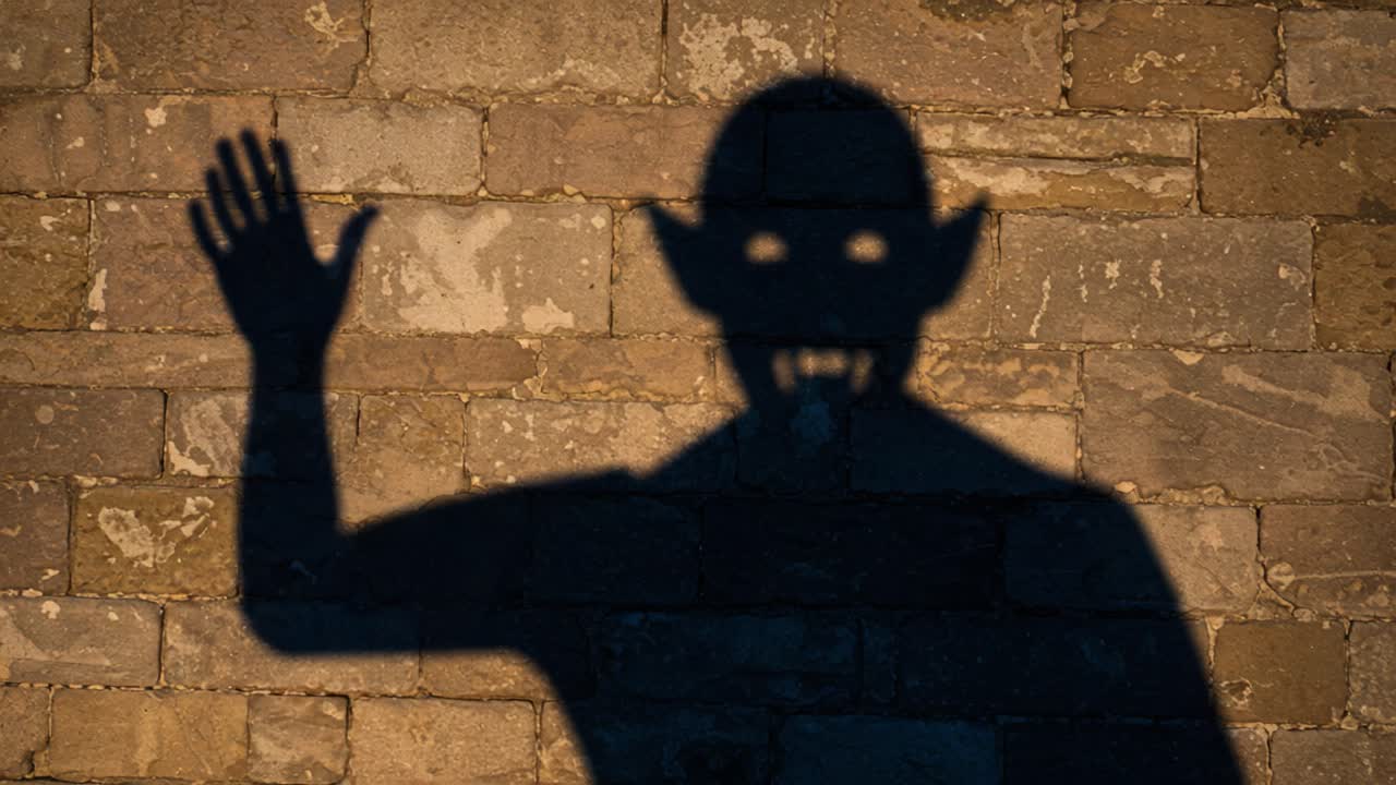 Un'ombra misteriosa di una creatura proiettata su un muro di mattoni, con zanne distintive e orecchie a punta, che esalta l'atmosfera inquietante della scena.