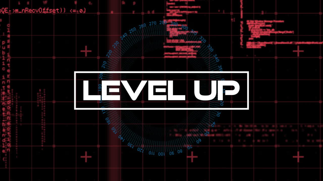 Animation of level up text and data processing on black background