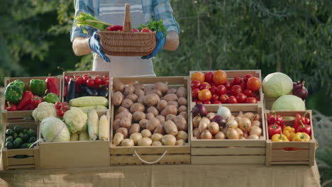 vendor holding a basket of vegetables at a farmer's market counter