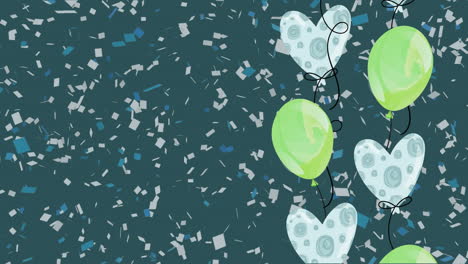 animation of colorful balloons flying and falling confetti over blue background