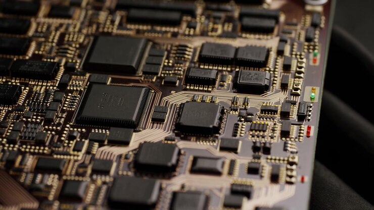Makronærbillede af et printkort med sorte integrerede chips, fine kobberspor og små elektroniske komponenter på venstre side, der toner ud i en mørk baggrund.