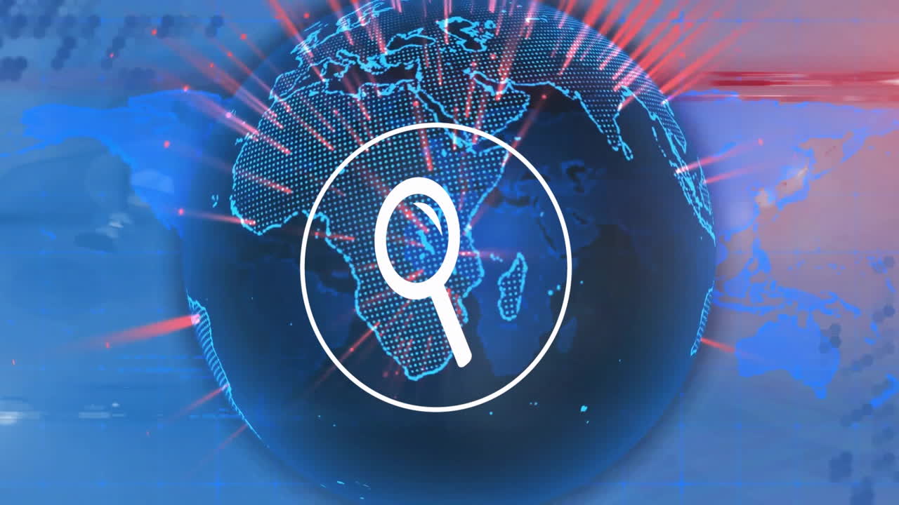 animación del icono de la lupa sobre el globo digital con puntos de datos y conexiones