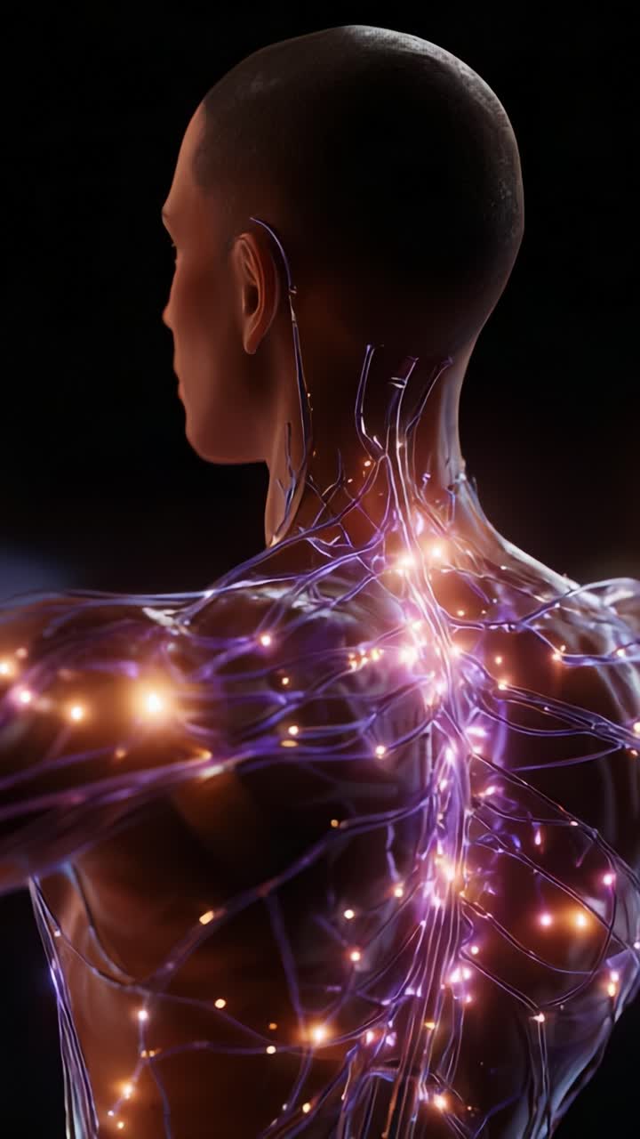 A futuristic representation of the human body with glowing nerves and pathways, illustrating the intricate connections of the nervous system in vibrant detail