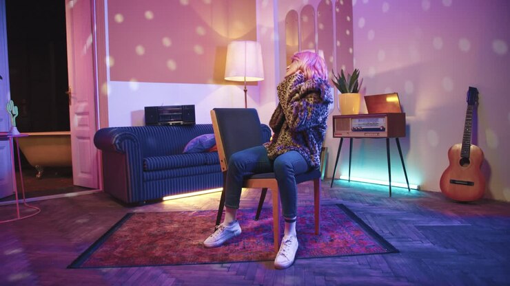 Young beautiful woman in stylish clothes dancing sitting on chair in a retro party at home