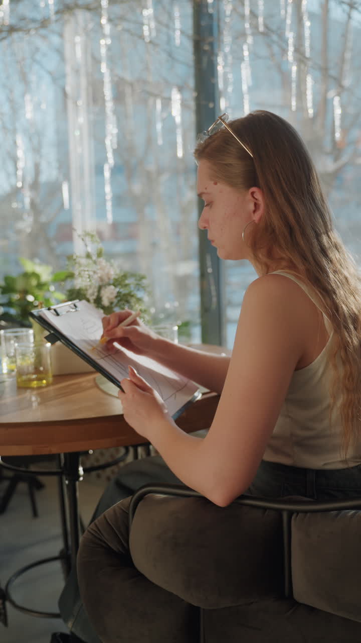 White woman sketching on clipboard indoors, vase with flowers nearby, icicles outside window, natural light, concentrated hand movements, notebook and pen, calm creative atmosphere