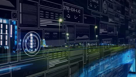 Animation-of-interface-with-data-processing-against-aerial-view-of-time-lapse-of-night-city-traffic