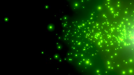 fly small green particles and stars on dark background