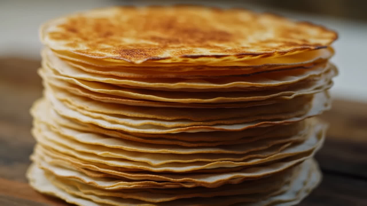 Pila di crepes dorate su tagliere di legno, primo piano della consistenza a strati e dei bordi croccanti, luce calda della cucina