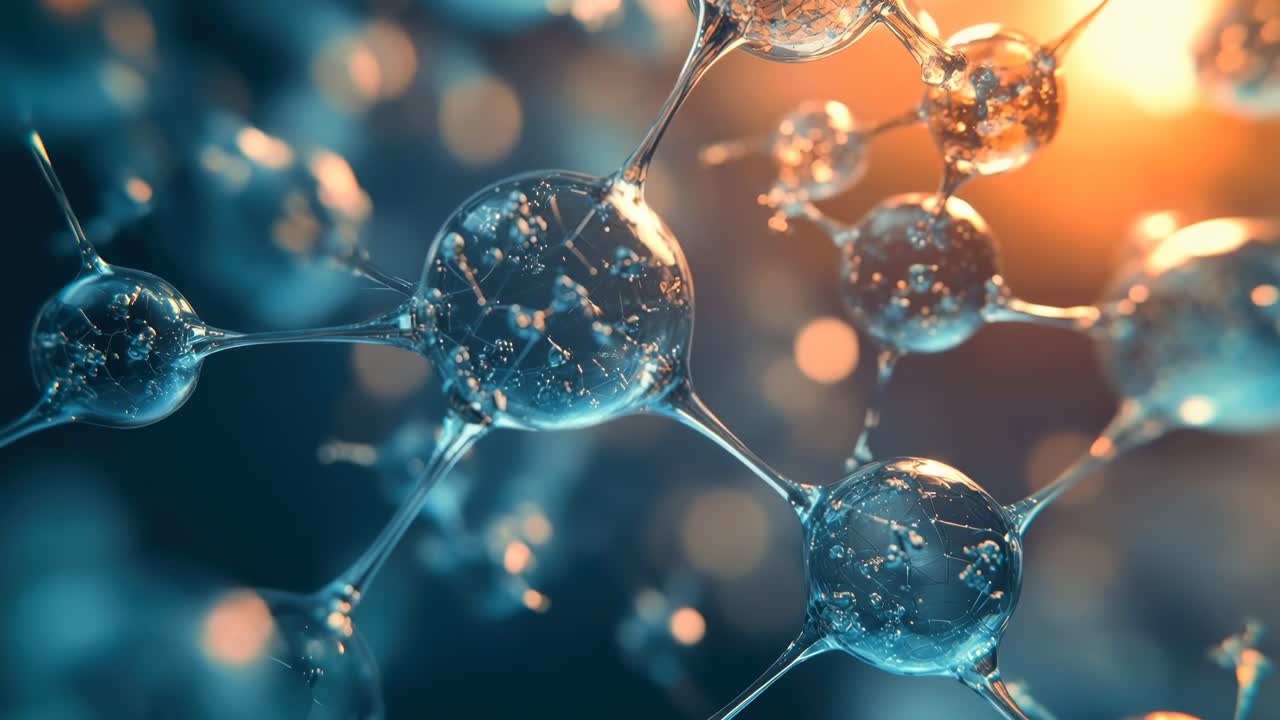 Video ravvicinato di molecole con un effetto di luce brillante, catturato da un angolo dinamico