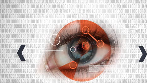interfaz digital con procesamiento de datos sobre el primer plano del ojo femenino contra la codificación binaria
