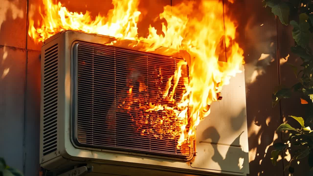 건물 의 에어컨에서 불이 타고 있다