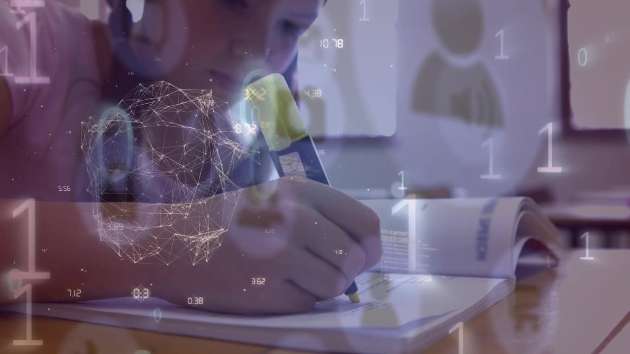 Animazione di una rete di connessioni su studentesse felici che usano un tablet