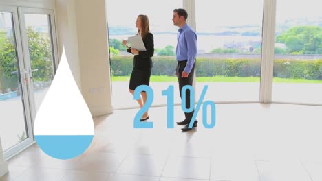 Animation-of-droplet-icon-filling-blue-with-percentage,-over-real-estate-agent-showing-woman-house