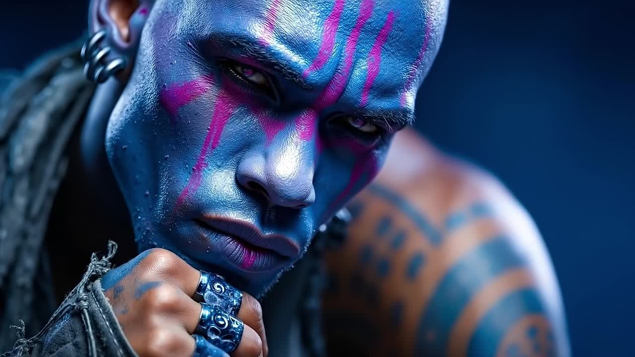 una mujer con pintura azul y rosa en la cara