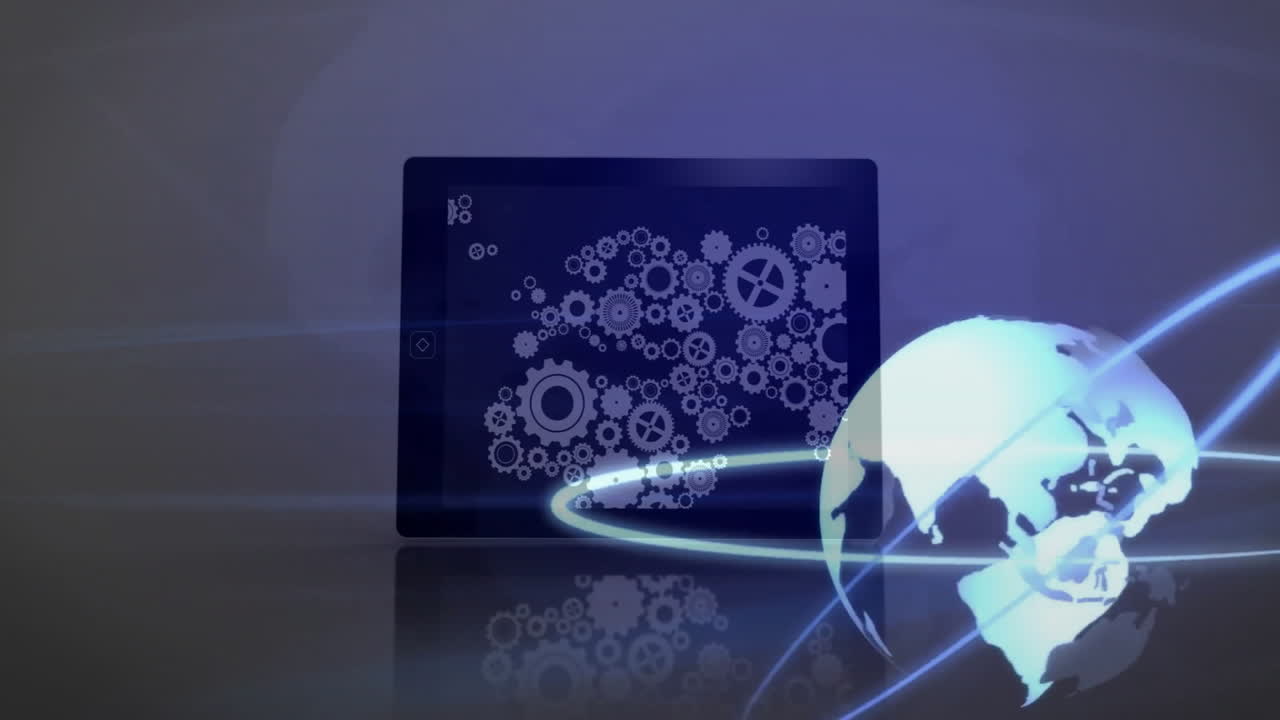 회전하는 지구와 디지털 선에 대한 기어 및  애니메이션을 가진 태블릿