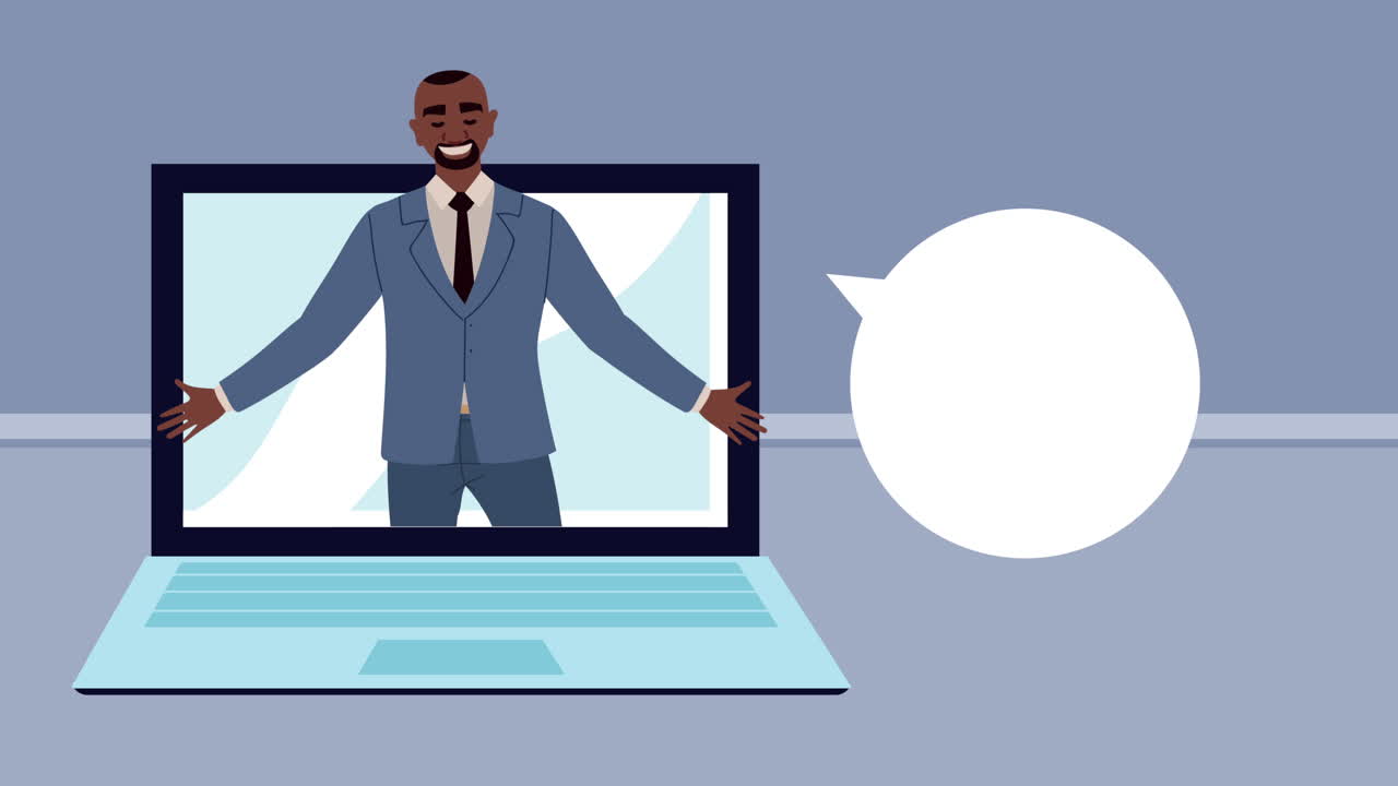 afro businessman in laptop animation