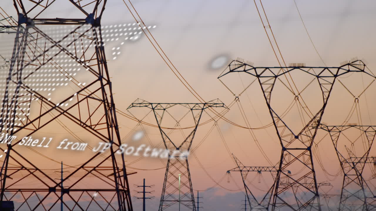 Animation of data processing and world dmap over electricity pylons