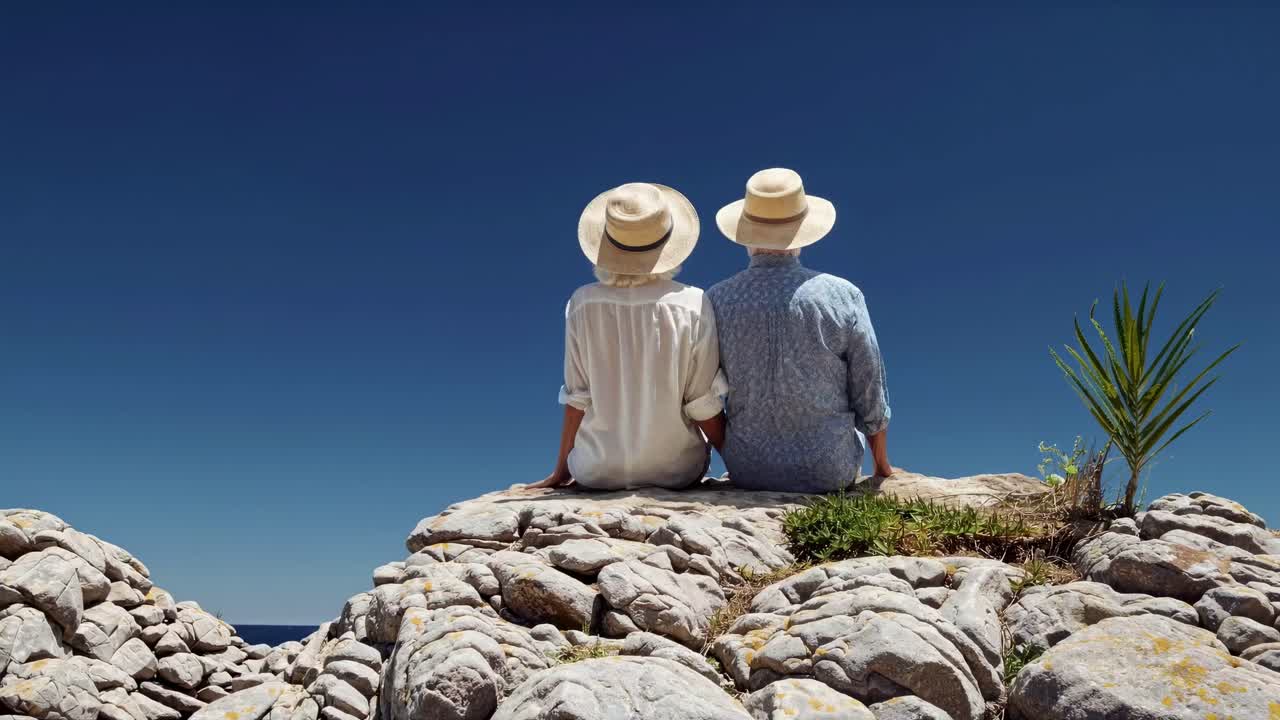 Un fotograma de video de dos personas con sombreros sentadas en rocas, vistas desde atrás.
